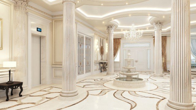 Luxury mansion with contemporary interior design, featuring an elegant spiral staircase, marble flooring and custom-made furniture.