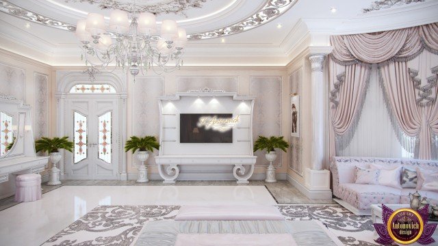 Modern luxury royal-style home interior with a combination of light and dark colors, marble details and artworks.