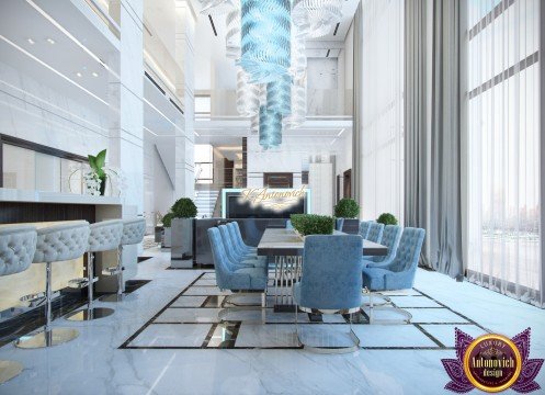 Modern luxury apartment interior with a vibrant color palette and creative details.