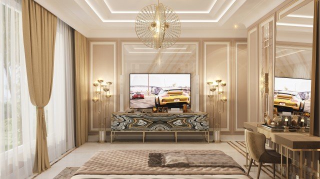 Modern bedroom designed with luxurious furniture and accessories to create an elegant and comfortable ambience.