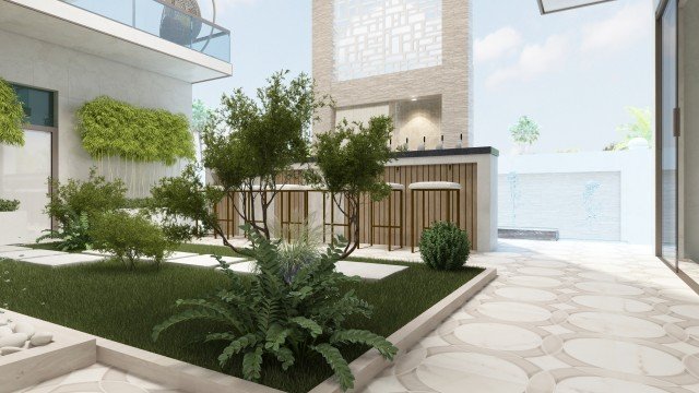 Luxury villa in Dubai with a stunning outdoor living area featuring pool, garden