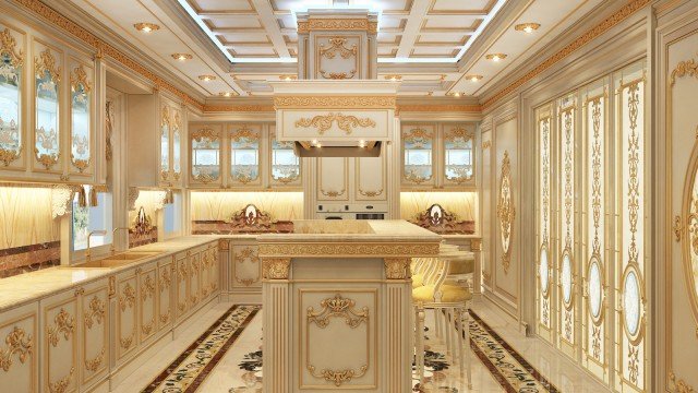 Grandiose bathroom with gold accents, marble floors, and luxurious tub to make you feel like royalty.