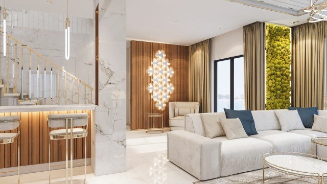 Modern luxury interior design with white marble walls and stone floor complemented with stylish furniture and lampshades.