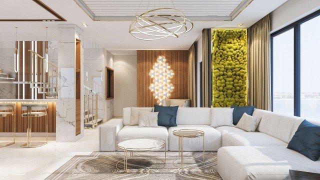 Luxurious modern living room featuring an elaborate ceiling design, bright upholstery and patterned carpets, creating an air of sophistication.