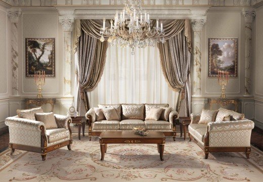 Luxury living room in ivory and grey palette decorated with royal velvet furniture and marble details.