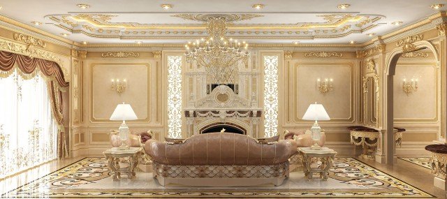 This picture shows a luxurious living room. The walls and furniture are covered in an ornate golden pattern and rich fabrics. A large glass coffee table sits in the middle of the room, surrounded by several white leather chairs and couches. There is a grand piano in one corner, and a flat-screen television is mounted on the wall. Large windows let in plenty of natural light, and crystal chandeliers hang from the ceiling.