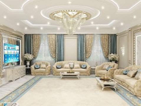 This is a picture of an opulent, ornate living room in a luxurious mansion. It features elegant, plush furniture in shades of light blue and white, such as a couch, armchair and ottoman. The walls are painted a pale pastel yellow and are adorned with artwork in elaborate frames. A luxurious chandelier hangs from the ceiling, and a stunning grand piano sits in the center of the room.