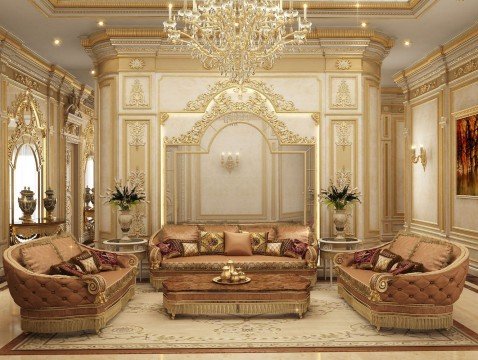 This picture shows a luxurious bedroom with an opulent design. There is a beige and gold canopy bed with ornate headboard, flanked by two black night tables with gold accents. The bedding is a mix of beige, gold, and white bed linen with a large throw pillow. In the corner is a gold chaise lounge chair, and behind the bed is an accent wall with intricate carving and a beige and gold patterned wall paper. The walls and ceiling are covered in richly colored wallpaper patterned with leaves, which provides an elegant yet cozy atmosphere.