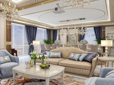 This picture shows a luxurious bedroom designed in a modern style. The walls are painted a light beige color and the floor is covered with a light wood. A large window is framed by white curtains and takes up most of the wall. There is a modern chandelier hanging from the ceiling and a large four-poster bed with a tufted headboard sits in the center of the room. On either side of the bed, there are nightstands with lamps and decorative items. The overall look is cozy and inviting.