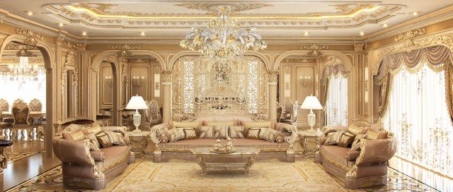Luxury bedroom interior with rich marble decorations, creamy beige shades, spectacular crystal chandelier and gold plated accents.