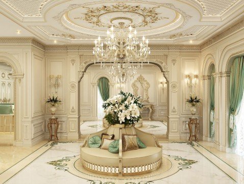 Luxurious bedroom designed with modern furniture and accessorized with gold elements and royal details.