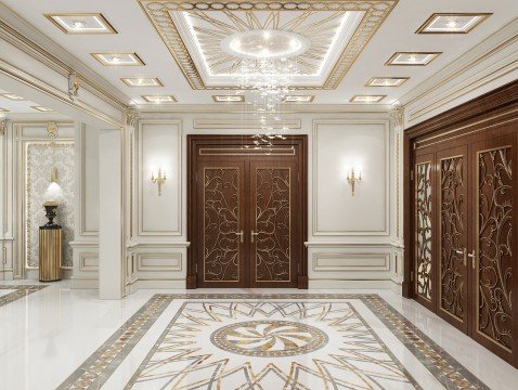 Home looks like a paradise with luxury grand staircase, marble floor and modern chandeliers.