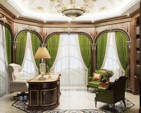 This picture shows the interior of a luxurious bedroom. The walls are a soft, muted beige, and light hardwood floors lead up to a beautiful canopy bed draped in luxurious silk curtains and linens. The bed is accentuated by two nightstands with ornate table lamps and framed art pieces on the wall. There is a chaise lounge chair in the corner and an armoire in the background. The overall feeling from this room is one of comfort, relaxation, and luxury.