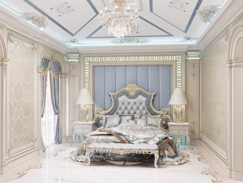 This picture shows a luxurious interior design. It includes elegant furniture, artwork and decorative pieces, such as a hand-carved wooden cabinet, crystal chandelier, marble flooring and a grand staircase. The walls are decorated with wall sconces and paintings, and the room is illuminated by multiple light sources. There are also lush curtains in navy blue and gold accent pillows on the sofa, setting a sophisticated and inviting atmosphere.