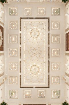 Elegant style and luxury interior - marble and gold elements with spectacular high ceiling, designed to impress the guests.