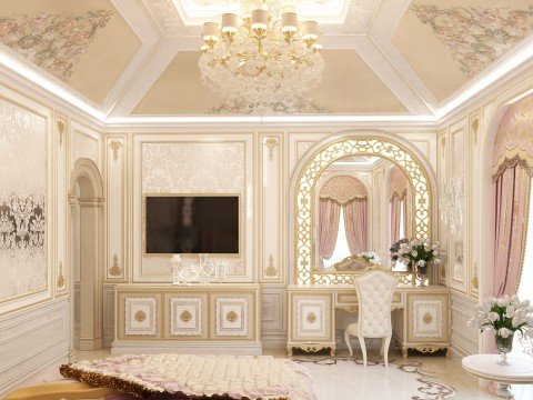 An interior in classical style with white walls, luxurious chandelier and fireplace in marble.