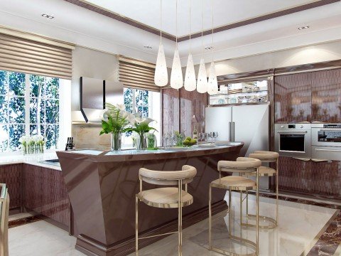 This picture shows a modern kitchen in an open plan design. The kitchen is mainly white with accents of dark wood and grey. It features white cabinetry, stainless steel appliances, an island with seating, and a large window overlooking the living room. The countertops are a mix of granite and marble, and there's also a wine fridge and wall-mounted pot rack for added convenience.