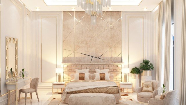 Luxury Bedroom design with two chairs, a table, abstract art and a beautiful marble floor.
