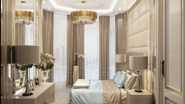 Luxury bedroom offers a bright and luxurious interior décor with charming details, like an exquisite chandelier and an elegant backdrop.