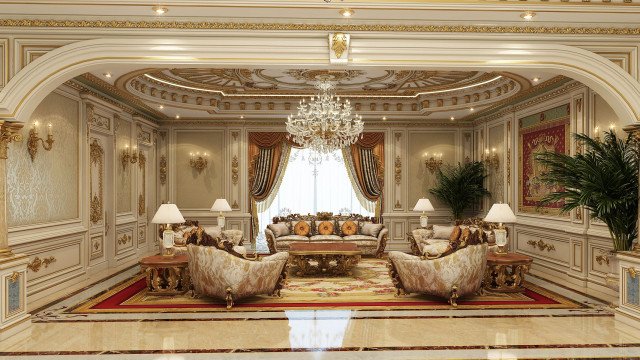 This picture shows an interior design for a luxurious living room. The room has a grand fireplace, ornate mouldings on the ceiling and walls, plush velvet armchairs, and a vibrant area rug in the center of the room. The walls are painted in a rich gold color, and the furniture is modern yet classic. Everything is tastefully designed for a sophisticated, stylish look.