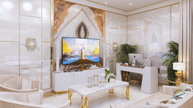 An opulent living area featuring elaborate interior design elements, including a white marble flooring and a bold, red velvet couch. The walls are covered with vertical paneling, with golden highlights and intricate detail.