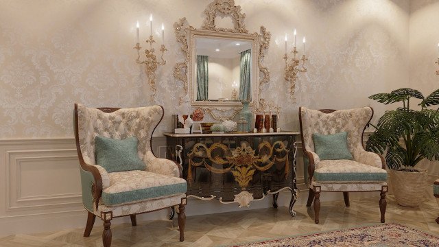 This picture shows a luxurious living room designed in an elegant modern style. The walls are covered in a light gray-blue fabric and adorned with gold painted details. The floor is covered in a white marble with a beige pattern, and an ornately designed rug lies on top of it. In the center of the room is a white leather sofa, with two matching armchairs across from it. On a low table in front of the sofa sits a large white vase with gold detailing, filled with white and yellow flowers. On the walls hang several painted canvases with modern abstract designs,
