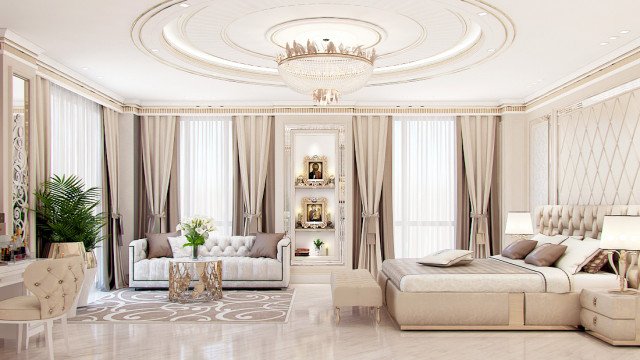 A modern bedroom decorated with luxury and grandeur, featuring a king-sized velvet bed, chaise lounge, lush curtains, and various elegant accents, such as decorative rugs, wall hangings and lighting fixtures.