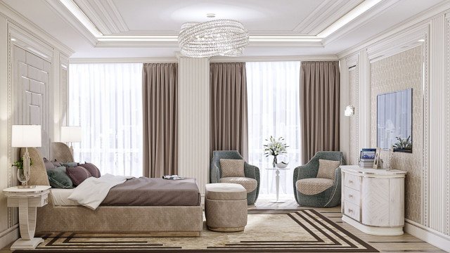 Luxurious modern living room with elegant white furniture and gold accents, creating an inviting and majestic atmosphere.