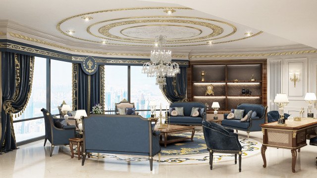Modern luxury living room featuring gold and cream furnishings, large area rug, and decorative ceiling.