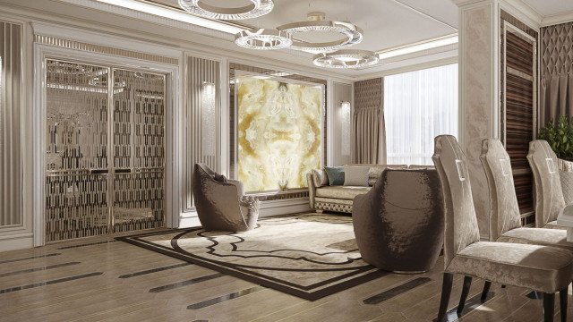 A luxurious living area with light brown hardwood flooring, ornate ceiling, draped curtains with tassel trim, large-scale armchairs, and decorative wall panels.