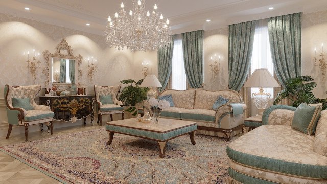 This picture shows a modern, luxurious living room with a sectional sofa and two armchairs facing each other in the center. The walls are covered in a bold, textured wallpaper and the floor is a warm wood. The room is decorated with a grand crystal chandelier hanging from the ceiling, and several tables and side chairs surrounding the seating area.