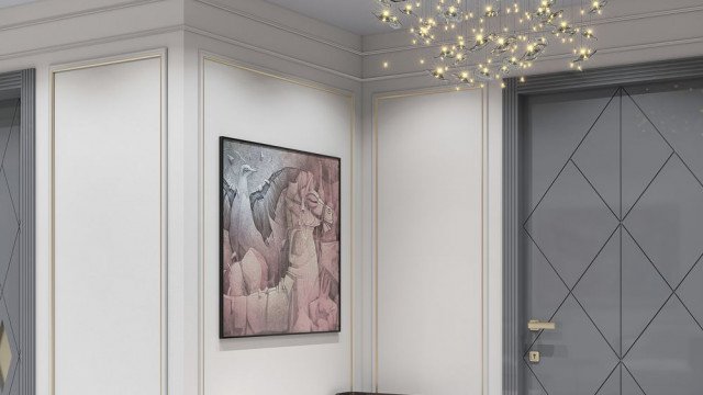 Interior design featuring a modern glass-enclosed elevator, white marble floors, and recessed lighting.