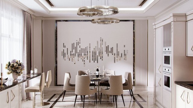 Ultra modern, luxury interior design with grand crystal chandelier. A perfect blend of sophistication, elegance and comfort.