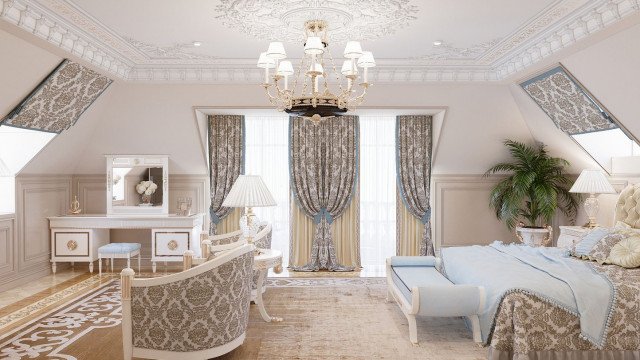 This picture shows an interior design in a luxurious living room with a grand central chandelier illuminating the space. The walls and floors are decorated in a contemporary style with a white and gray marble pattern, while the furniture is upholstered in a velvet fabric. A round ottoman sits in front of a fireplace and is surrounded by several sofas, chairs, and a side table. In addition, the walls display a large abstract painting, along with decorative accessories, such as a lamp, sculpture, and vase.