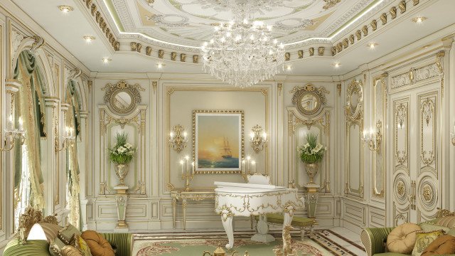 This is a picture of a luxurious interior design. It features a double-height ceiling with large windows and an intricate chandelier. The room is also adorned with multiple pieces of beautiful furniture upholstered in rich fabrics and detailed wood trim. There is an elegant marble floor, as well as plush carpets and drapery along the walls to add to the luxurious feel.