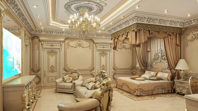 Modern luxury bedroom with white bedding and a crystal chandelier.