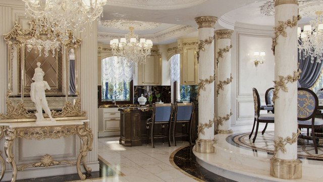 This picture shows a luxurious interior design that includes a combination of contemporary and classical styles. The room is decorated with a magnificent crystal chandelier, an ornately carved gold-leaf frame, and an opulent velvet sofa. There are also lavish touches like gold-trimmed light fixtures and marble flooring.