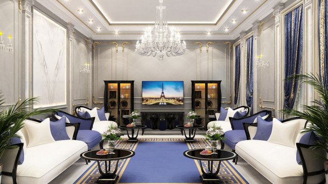 This picture shows a luxurious living room with a contemporary design. The walls are adorned with gold-framed wall art, and the ceiling is decorated with ornate gold designs. The floor is dark wood and marble tiles. In the middle of the room, there is an elegant, beige velvet sofa with two matching armchairs. A glass coffee table sits between the furniture, and a large Persian rug lies beneath them. There is also a white grand piano to the right of the room, and a small bar and cabinets near the wall to the left.