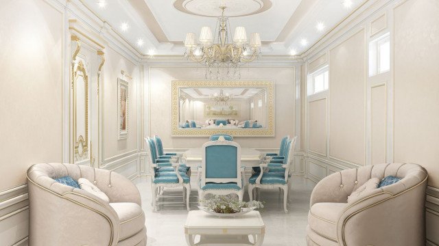 This picture depicts a modern interior featuring an elegant curved seating area with a round center table, ornate walls and a high-ceiling.