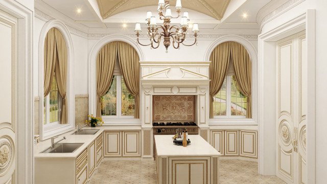 This picture shows a luxurious dining room with a luxurious marble table surrounded by beige upholstered chairs. The walls are adorned with elaborate wall panels, and two crystal chandeliers hang from the ceiling. The room has an ornate white door at the back.