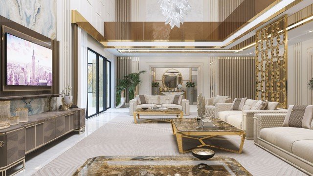Luxuriously decorated living room with cream upholstered seating and gold accents.