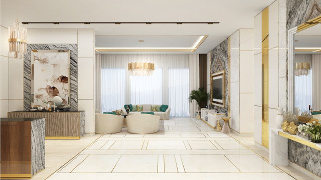 A contemporary luxury living room with a brown leather sofa, gold accents, and recessed lighting.