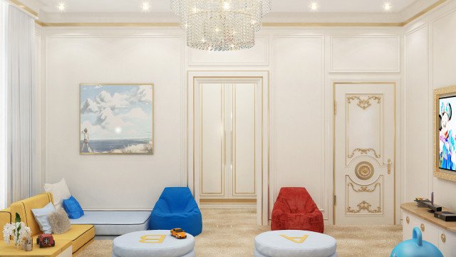 The picture shows an interior of a luxurious living room. The walls are painted an off-white color and decorated with art pieces, while the ceiling features intricate moldings. The furniture is primarily upholstered in creamy colors with gold detailing. The carpet is a shaded blue and has a pattern of stars. The large windows allow plenty of natural light to brighten the room.