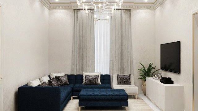 This image is a rendered interior design from luxury interior design company Antonovich Design. It shows an elegant living room with high ceilings, detailed wall molding, plush furniture, and grand chandeliers. There is also an ornate mirror on one wall and two large windows that offer a picturesque view of the outside scenery.