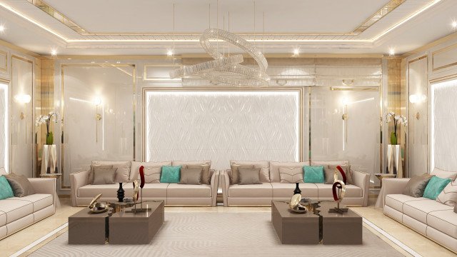 This picture shows a luxurious, contemporary living room. The walls are painted a soft, eggshell white and adorned with large, ornate mirrors. The couches are upholstered in a deep navy blue velvet, making them look incredibly plush and inviting. In front of the sofas is an interesting arrangement of tables, made from a mix of glass, wood, and metal. An artful centerpiece hangs above the tables, adding an air of sophistication. In the background, an expansive window showcases the bright, sunny day outside.
