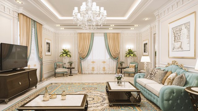 Modern luxury living room featuring an ornate mirror, white furnishings, and gold accents.