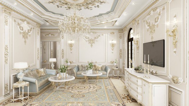 Interior of a luxurious classical living room featuring intricate gold accents, white walls, and plush furniture.