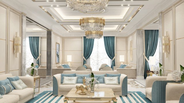 Unique design ideas create a luxurious interior in the hall: gold details and classic elements gives it an extraordinary look.