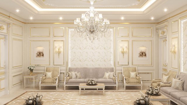 This image appears to be an interior design project featuring classic and modern elements. There is a light gray velvet couch, ornately carved wooden chairs, a round glass table, a grey and white patterned area rug, and a black grand piano situated in the center of the room. The walls are painted white and the floor is covered in a dark wood. A large crystal chandelier hangs from the ceiling and two abstract artworks hang on the wall. The overall feeling of the space is one of sophistication and luxury.