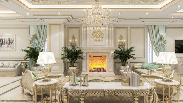 This picture shows a grand and luxurious interior design in an elegant living room. There is a velvet upholstered couch with gold-accented pillows, an ornate tufted armchair, and two glass coffee tables in the center of the room. The fireplace is surrounded by marble detailing and stunning artwork. The walls are covered in a pink and white striped wallpaper. There are also intricate crown moldings and chandeliers adorning the walls to complete the luxurious look of the room.